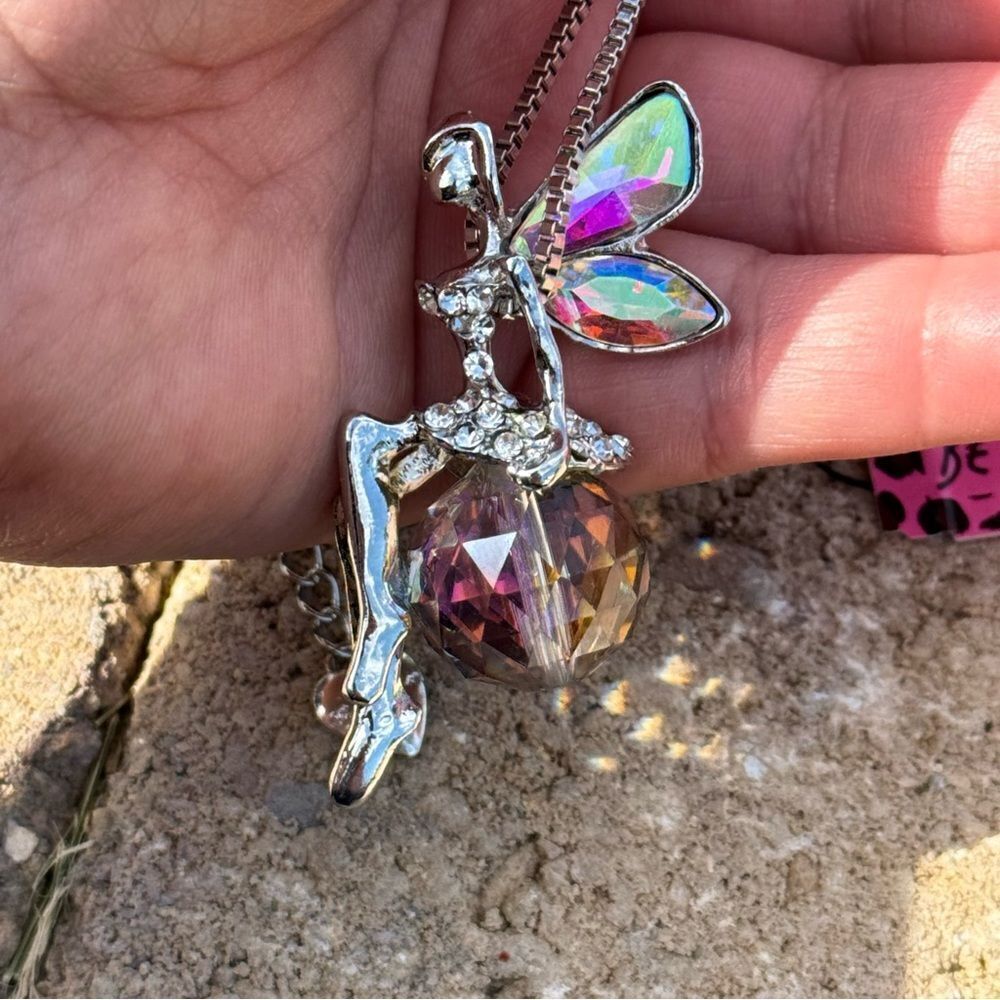NECKLACE! Betsey Johnson Silver Fairy on Crystal Ball Pendant Necklace BNWT